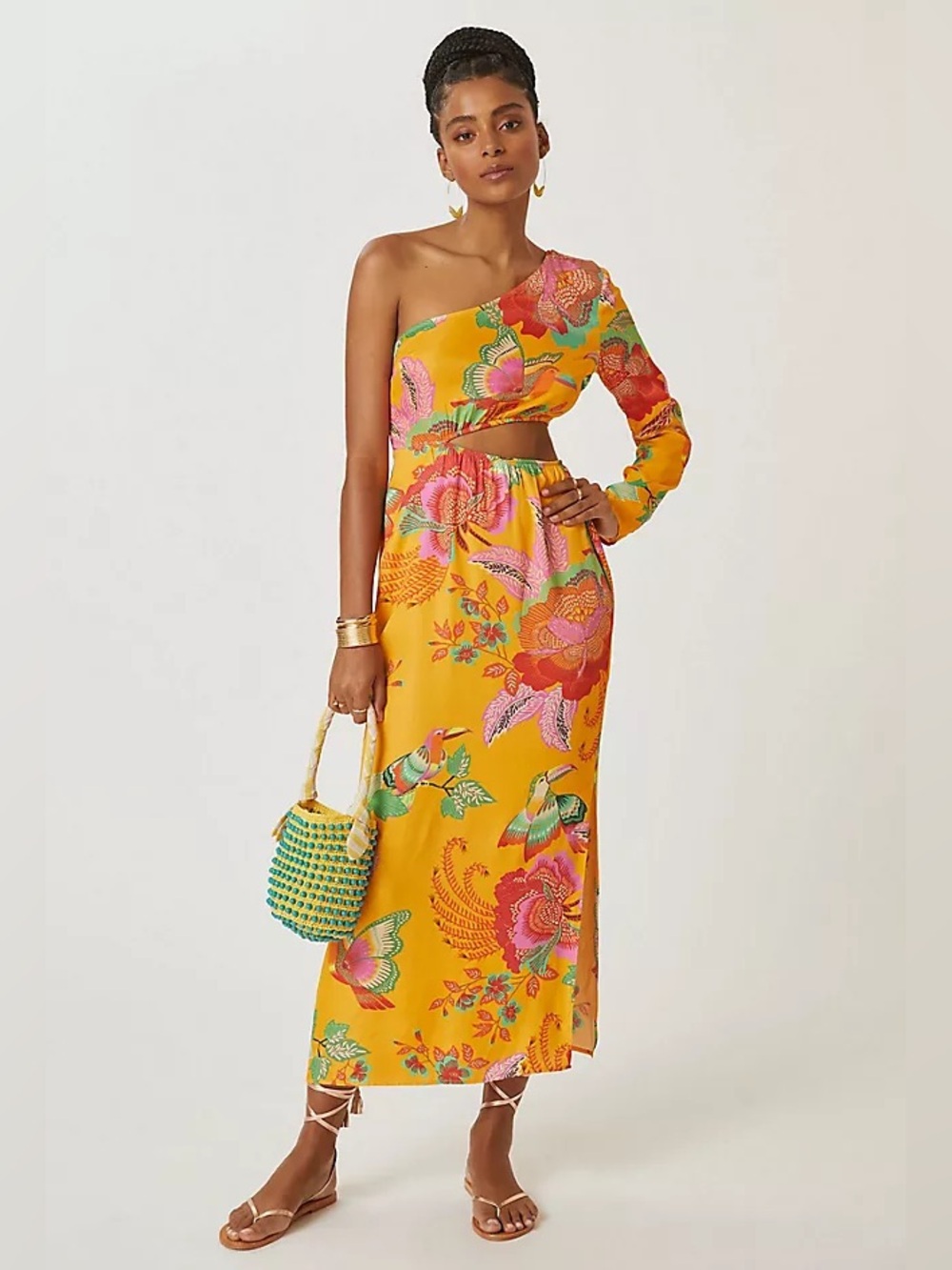 Farm Rio Anthropologie One Shoulder Tropical Maxi Dress